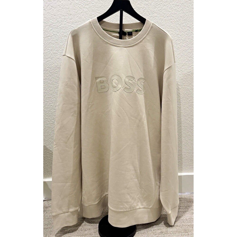 BOSS Men’s Crewneck Beige Pullover Sweatshirt Logo Graphic Print